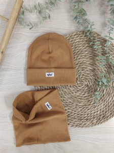 CZAPKA I KOMIN PRĄŻEK z zawinięciem - karmel