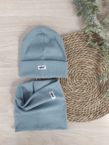 CZAPKA I KOMIN PRĄŻEK z zawinięciem - brudny niebieski