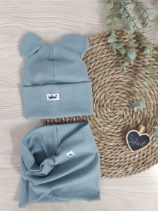 czapka USZATKA i komin- brudny niebieski