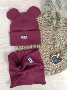 czapka USZATKA podwójna i komin- bordowa 