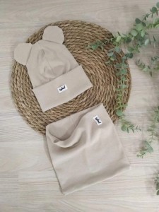 czapka USZATKA i komin- jasny beż